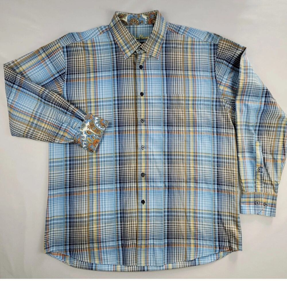 Alan Flusser Men Shirt Long Sleeve Button Blue Plaid Paisley Cuff Preppy Large